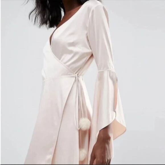 Revolve Majorelle Satin Hex Mini Wrap Dress Off White Tie Pom Poms Size Small - Picture 2 of 10